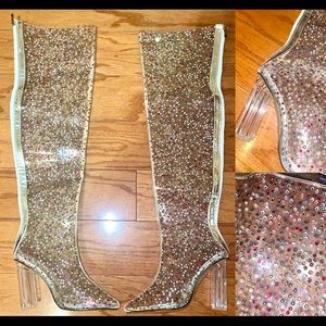 Never worn Rhinestone rainbow bling thigh high pvc clear transparent boot 39 9